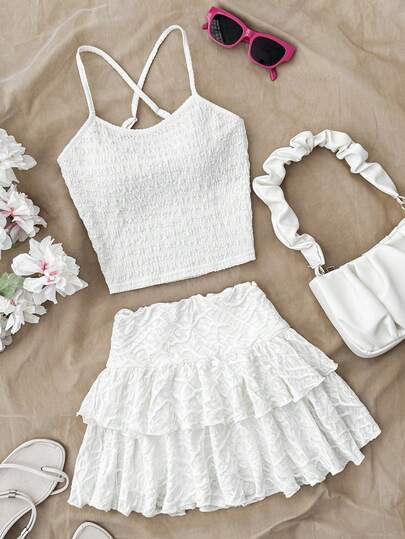 Tween Girl White Camisole Set, Spaghetti Strap Tank Top, Layered Cake Skirt With Built-In Shorts, Cute, Girly Outfit Suitable For Dates, Shopping, Vacation, Beach