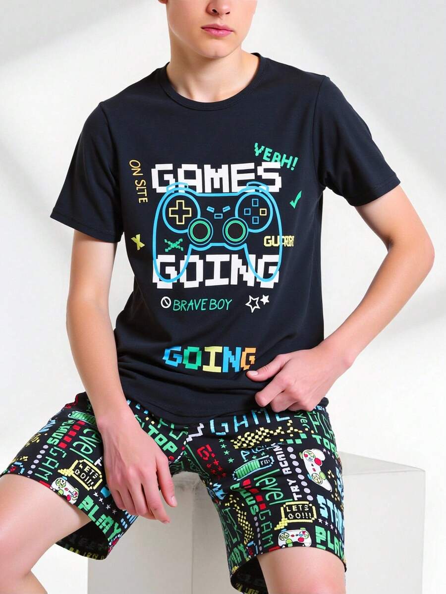 2pcs/Set Young Teen Boy Simple Fashion Letter Print & Gaming Pattern Short Sleeve Tee And Shorts Casual Pajama Set