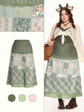 Fairycore Falda de mujer de talla grande con estilo Cottagecore, vintage, a cuadros verdes, patchwork, con encaje floral. Falda de mujer de talla grande de estilo retro campestre para otoño/invierno