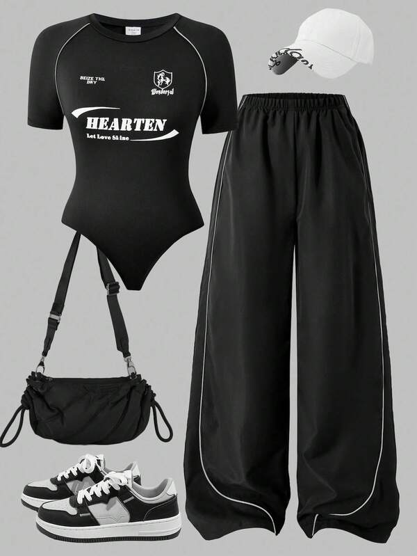 Sparklyn Conjunto de chándal de verano estilo europeo y americano para niñas con camiseta de manga raglán con piping de color contrastante y pantalones casuales, conjunto de dos piezas, adecuado para adolescentes de 10 a 16 años, estilo callejero, corte holgado, ropa infantil muy vendida para la temporada de vuelta al colegio.