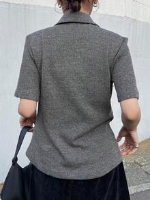 FRIFUL 女士衬衫领开襟金属纽扣装饰宽松扎染短袖T恤，夏季 - 灰色 - 查看 2