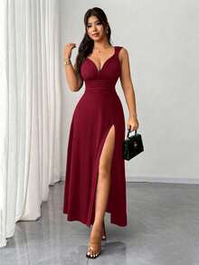 Rafferiza Women's Burgundy Elegant Romantic Sexy Solid V-Neck High Stretch Bodycon Party Dress, Versatile & Stylish Design With Slit Fall Cloth For Women Date/Party/Nightclub/Street /Halloween/Valentine's Day/Birthday Dress Wedding Guest Dress Elegant Dress Country Concert Outfit Long Dress - Burgundy - View 8