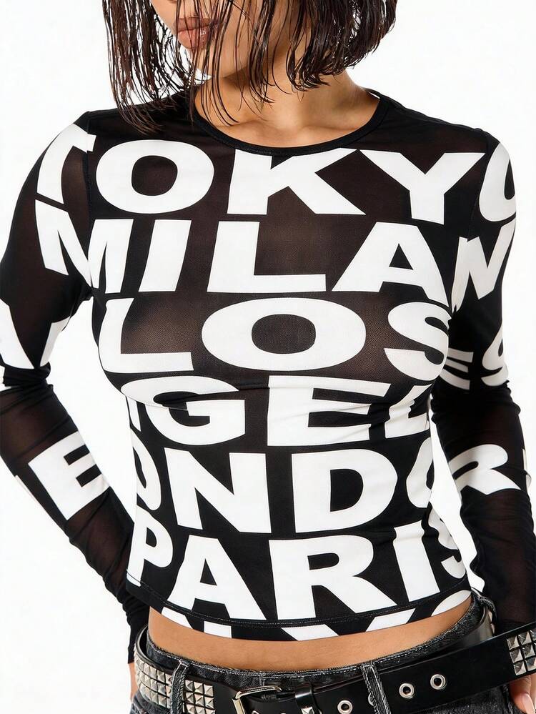 SUMWON WOMEN Mesh Insert Graphic Typography Top With Sheer Sleeves