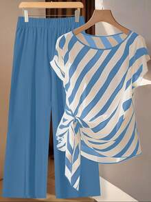 SHEIN Clasi 大码夏季休闲条纹衬衫和纯色裤子两件套 - 淺藍色 - 查看 1