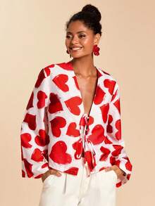 Travachic Women Boho Red White Heart Print Shawl Collar Long Sleeve Knot Front Blouse - Red and White - View 5