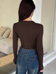 DAZY 女士罗纹动物刺绣图案休闲百搭通勤长袖毛衣 - 咖啡棕 - 查看 4