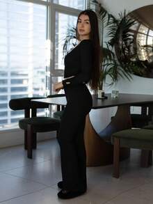 Andrea Bello Leisure Comfortable Rayon Solid Lettuce Thumb Hole Crop Top & Flare Leg Pants Women Lounge Set-Black Holiday Season Outfit  Cozy And Elegant Details, Fall Clothes - Black - View 6