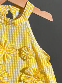 Toddler Blue & White Striped Halter Top & 3D Flower Long Pants T-Shirt Set, Suitable For Travel, Vacation, And Daily Wear - Yellow - View 3