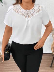 EMERY ROSE Plus Size Women's Elegant Lace Hollow Petal Sleeve Round Neck Blouse, Suitable For Work, Spring/Summer - Apricot - View 1