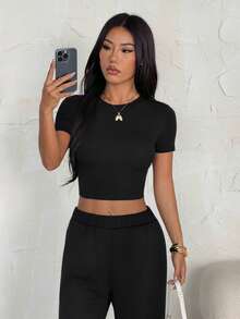 SHEIN PETITE Summer Black Tight Fit Short Sleeve T-Shirt And Loose Sweatpants 2 Pieces Set - Black - View 8
