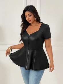 Femmeverse Áo nữ cỡ lớn cổ vuông khoét lỗ dáng chữ A chất liệu PU co giãn, giúp thon gọn và che khuyết điểm, ôm dáng. - màu đen - Xem 7