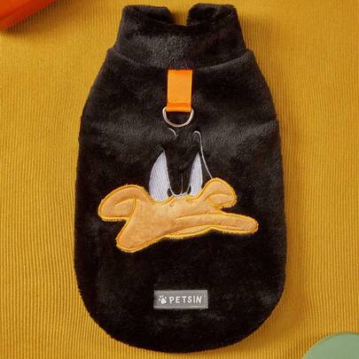 LOONEY TUNES X PETSIN 1 Embroidered Black Duck Pet Cat Dog Universal Black With Traction Buckle Plush Warm And Comfortable Sleeveless Non Slip Jacket