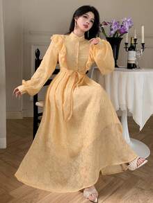 DAZY 女士优雅纯色纹理荷叶边领系带长连衣裙，春夏婚礼宾客礼服 - 黃色 - 查看 7