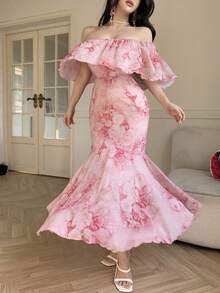 DAZY Women's Elegant Floral Off Shoulder Fishtail Dress, Summer Wedding Guest Dress Maxi Dress Sundress - Pink - View 10