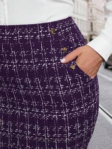 Chikora 大码女式优雅格子口袋金属扣夏季半身裙，适合工作、休闲和日常穿着。 - 紫色 - 查看 5