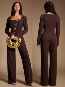 Radiana Bộ đồ liền thân dài tay cổ vuông màu nâu cà phê quyến rũ và thanh lịch dành cho nữ, quần liền thân co giãn, bó sát, thích hợp mặc hàng ngày, đi làm, đi chơi, những dịp trang trọng - Cà phê nâu - Xem 6