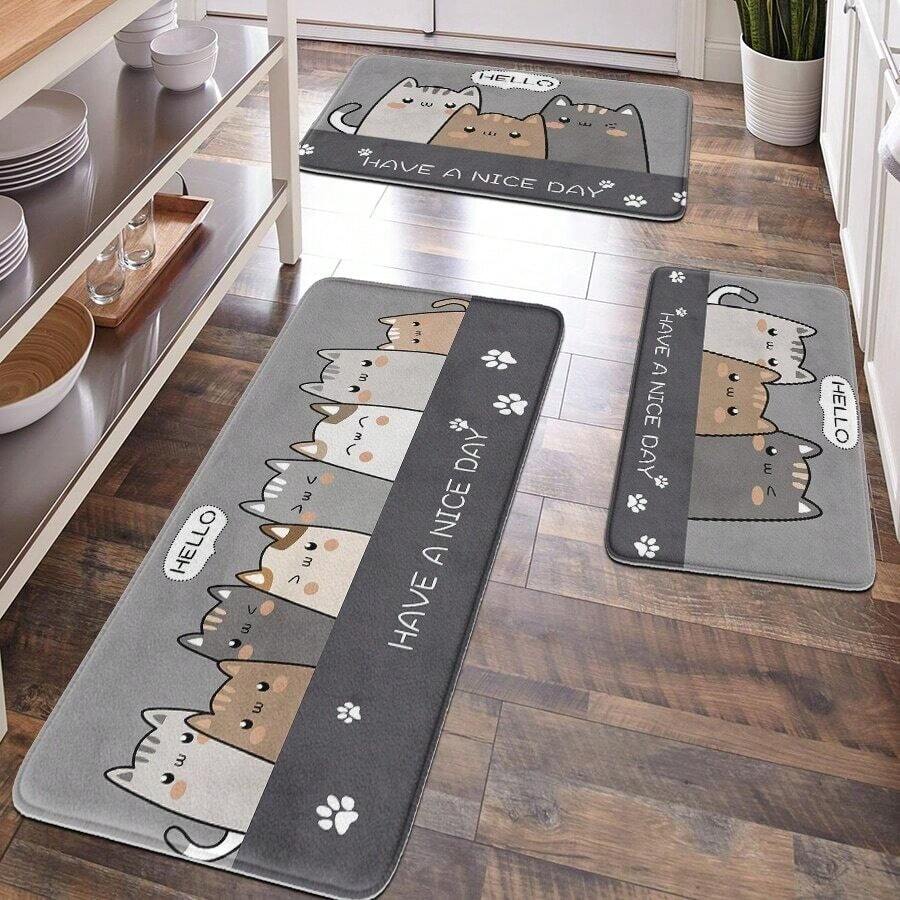 1PC Cat Pattern Gray Background Polyester Rectangular Plush Non-Slip Absorbent Mat, Suitable For Kitchen, Living Room, Bathroom, Entryway, Home Use - Grey - View 1