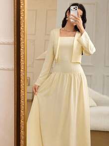 Modelyn Bộ váy và áo khoác dài tay màu trơn đính ngọc trai giả dành cho nữ, kiểu dáng xếp ly, thời trang cho kỳ nghỉ và du lịch. - Vàng nhạt - Xem 3