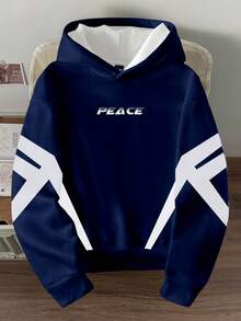 Manfinity Joysei Men's Casual Blue & White Patchwork PEACE Graphic Thermal Lined Hoodie Sweatshirt - Multicolor - View 1