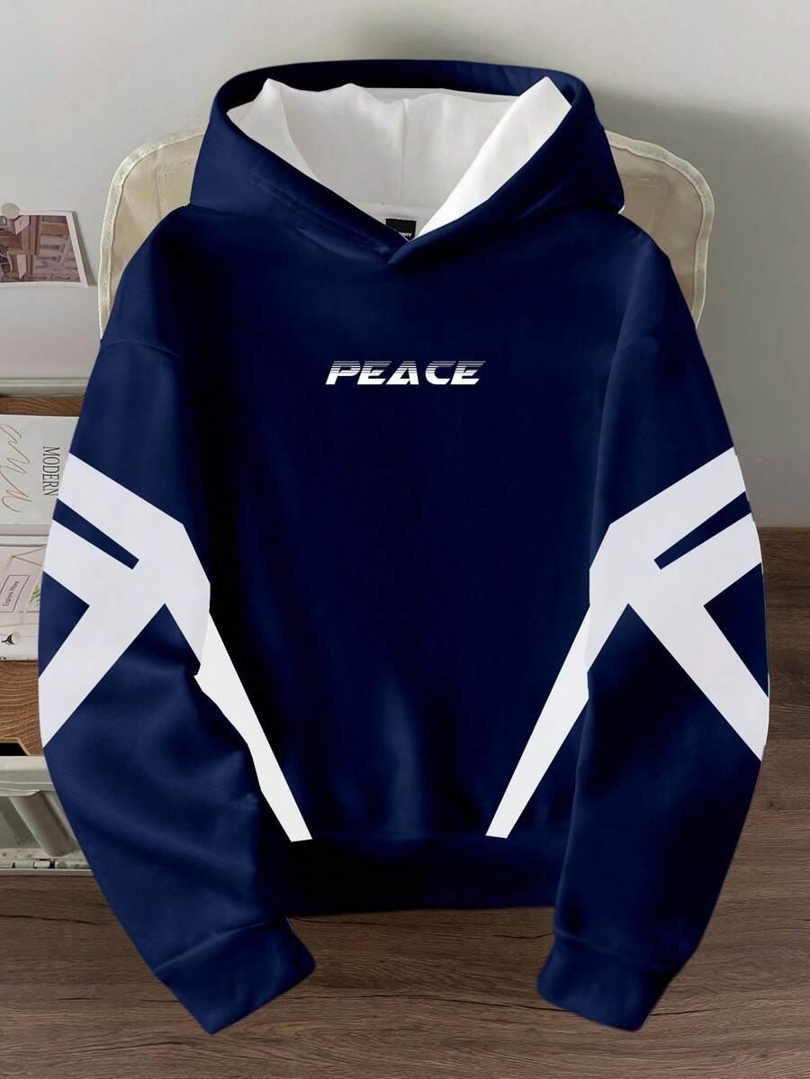 Manfinity Joysei Men's Casual Blue & White Patchwork PEACE Graphic Thermal Lined Hoodie Sweatshirt - Multicolor - View 1