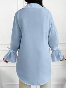 EURMUSE Cotton Pearls Beaded Knot Cuff Drop Shoulder Shirt Brunch Office Light Blue Autumn Smart Casual Elegant - Baby Blue - View 2