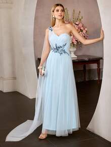 MOTF Soiréza Đầm dài nữ bằng vải lưới đính sequin và thêu hoa. - Màu xanh lam - Xem 5