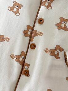 Loomiva Conjunto de 2 piezas de cardigan de punto suave con cuello y pantalones de cintura elástica con estampado de oso de dibujos animados para bebé niño - Caqui - Ver 6