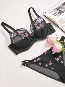 LUVLETTE Plus Valentine's Day Rose Embroidered Elegance Lingerie Lounge Curve Full Coverage Breathable Sexy Unlined Black Floral Lace Sheer Minimizer Mesh Bra  Romantic Gifts Bra - Black - View 11