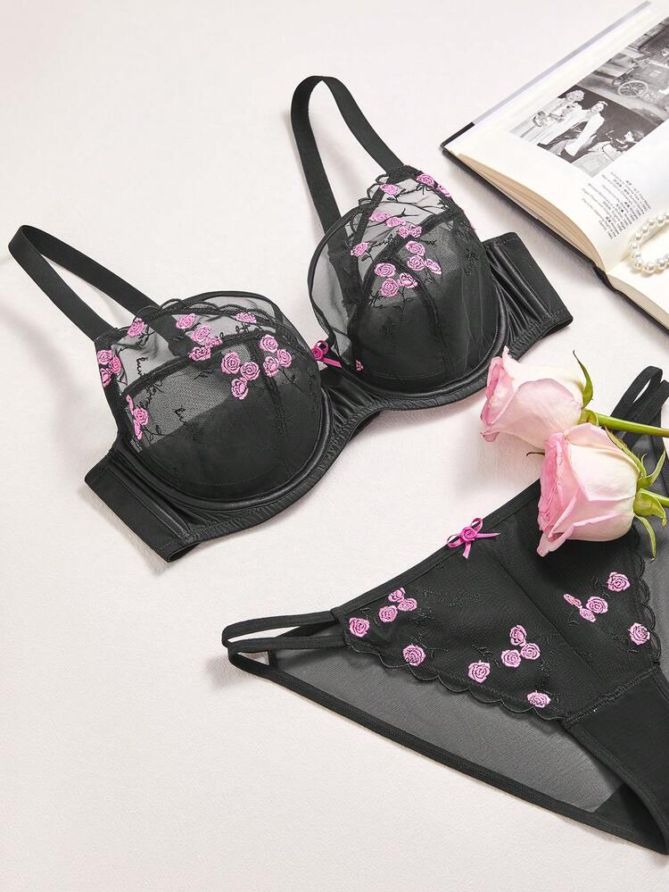 talla grande regalos románticos del Día de San Valentín: Sujetador de encaje floral negro transparente y de malla con minimizador, de cobertura completa, elegante, cómodo y sexy