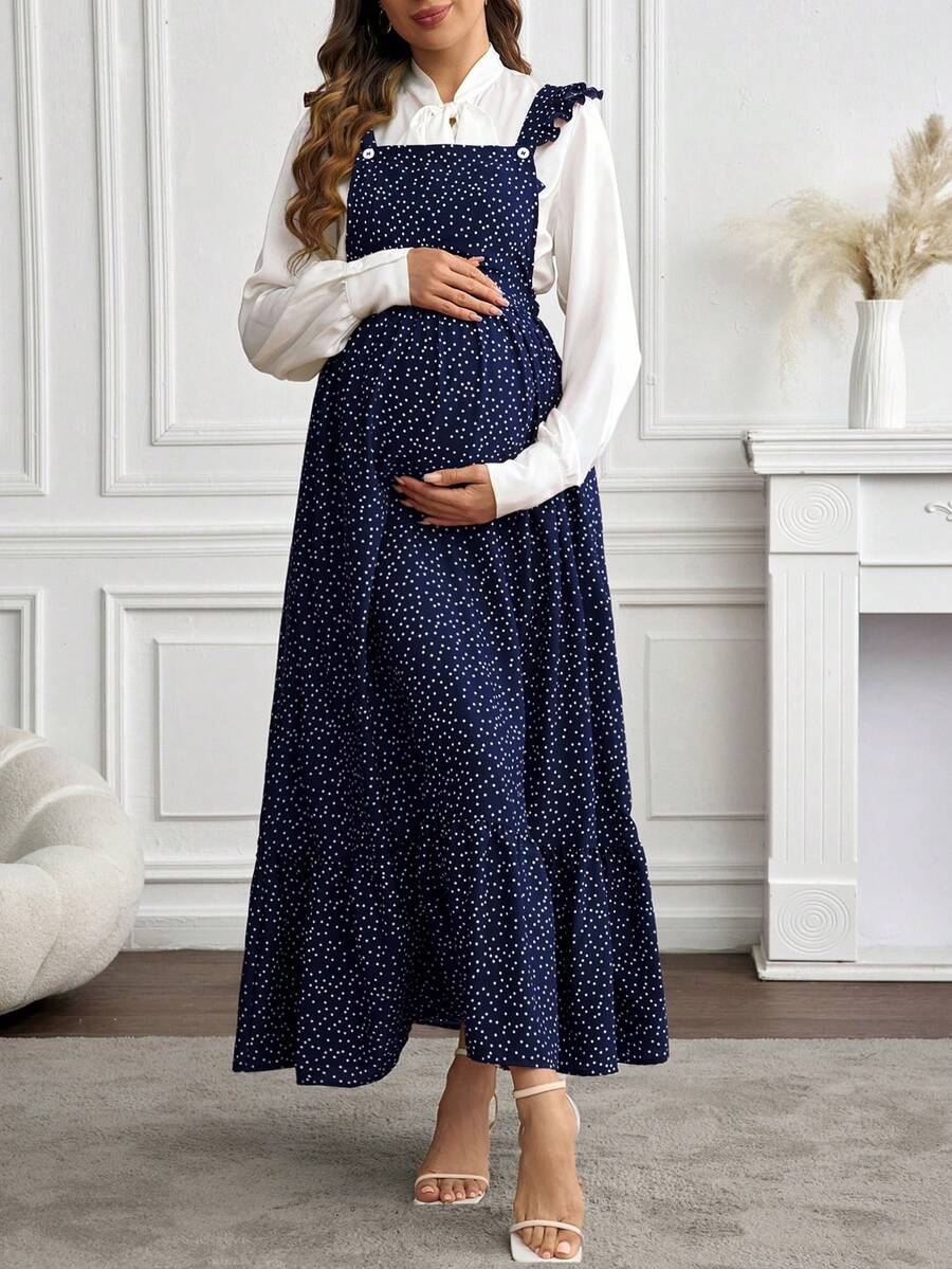 SHEIN Maternity Polka Dot Print Patchwork Ruffle Hem Fashionable Strap Dress - Royal Blue - View 1