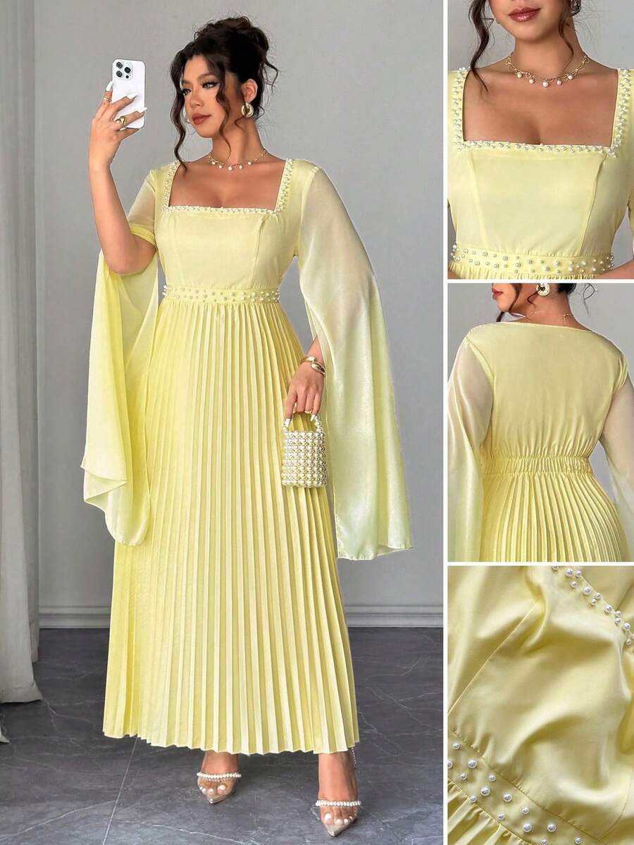 Cravure 大码女装新款长款喇叭袖奢华重工装饰闪亮手工水晶珍珠褶皱喇叭下摆修身优雅浪漫约会派对连衣裙 - 鵝黃色 - 查看 1