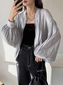 FRIFUL 女士纯色亮面透视网纱灯笼袖金属拉链宽松休闲百搭春季外套 - 灰色 - 查看 3