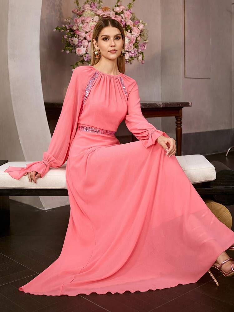 MOTF Soiréza WOMEN FLOOR-LENGTH CHIFFON EVENING GOWN WITH RHINESTONE DETAILS, LANTERN SLEEVES WITH RUFFLED CUFFS, CONTOURED WAIST & A-LINE FLOWING DRESS – IDEAL FOR WEDDINGS, GALA DINNERS, AWARD CEREMONIES & THEATER EVENTS