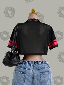 Betty Boop x SHEIN Women's Casual Fashion Street Cartoon Number & Letter Graphic Lace Patchwork V-Neck Mesh Breathable Cropped T-Shirt, Summer - Black - View 2