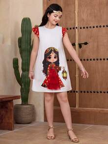 SHEIN Tween Girl Ramadan Casual Cute Girl Pattern Layered Mesh Cap Sleeve Loose Dress, Versatile For Various Occasions - Red - View 2