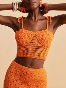 Travachic Women's Summer Sexy Beach Vacation Knotted Shoulder Pointelle Knit Sweater 2 Pieces Set - Orange - View 6