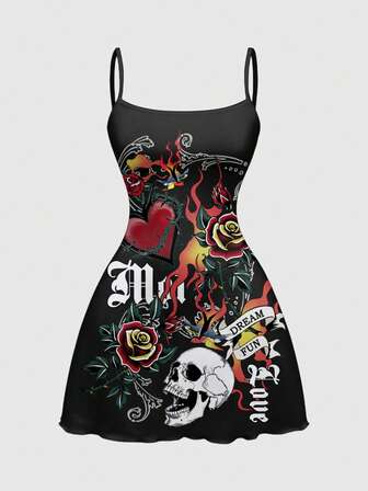 Grunge Punk Vestido mini con estampado total de calavera, corazón, música, rosa espinosa para el Día de San Valentín y primavera para mujer
