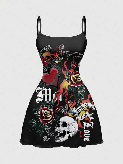 Grunge Punk Vestido mini con estampado total de calavera, corazón, música, rosa espinosa para el Día de San Valentín y primavera para mujer