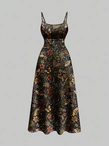 ROMWE Fairycore 大码花卉、叶子和蝴蝶印花褶皱吊带连衣裙，性感细肩带低胸派对鸡尾酒裙 - 黑色 - 查看 1