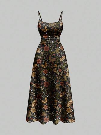 Fairycore Vestito canottiera con arricciature, stampa floreale, a foglie e farfalle, di taglia grande. Vestito da cocktail sexy con spalline sottili e scollo profondo per feste