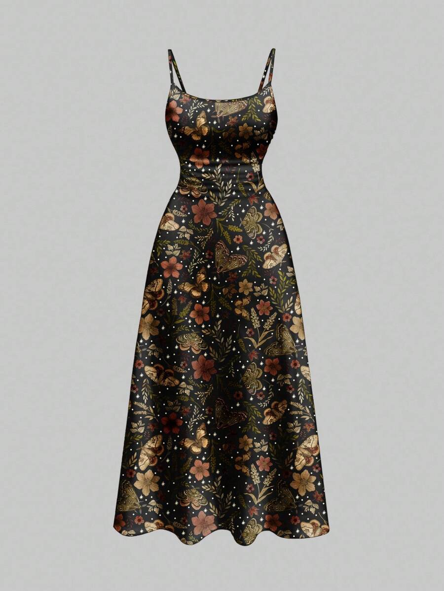 ROMWE Fairycore 大码花卉、叶子和蝴蝶印花褶皱吊带连衣裙，性感细肩带低胸派对鸡尾酒裙 - 黑色 - 查看 1