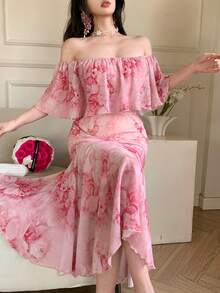 DAZY Women's Elegant Floral Off Shoulder Fishtail Dress, Summer Wedding Guest Dress Maxi Dress Sundress - Pink - View 8