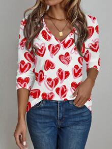 EMERY ROSE Áo thun nữ dài tay cổ chữ V in hình trái tim graffiti, kiểu dáng thanh lịch, thoải mái, phù hợp cho mùa xuân/hè, thích hợp cho công sở và đi làm. - Nhiều màu - Xem 4