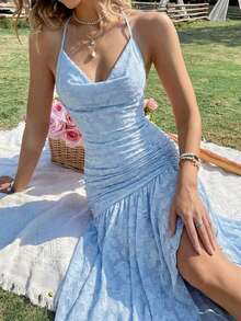 SHEIN MOD Đầm nữ màu xanh dương cổ khoét sâu ôm sát, đầm dự tiệc, đầm hẹn hò, đầm ngày Valentine, đầm thanh lịch, đầm hoa, đầm đi biển, trang phục đi nghỉ mát, trang phục ngày lễ, đầm sang trọng, trang phục đi xem hòa nhạc đồng quê, trang phục mùa xuân, trang phục mùa hè, đầm dài mùa hè cho nữ - Màu xanh nhạt - Xem 1