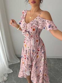 Elenzga Đầm nghỉ mát thanh lịch dành cho nữ, kiểu dáng bất đối xứng, xếp nếp, in hoa. - Màu Hồng baby - Xem 6