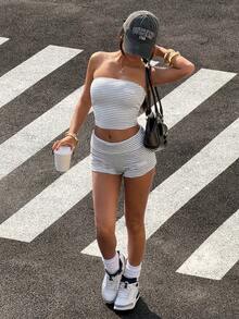 StreetHx 2pcs/Set Streetwear Women Striped Letter Patch Bandeau Top And Low Waist Shorts - Light Grey - View 6