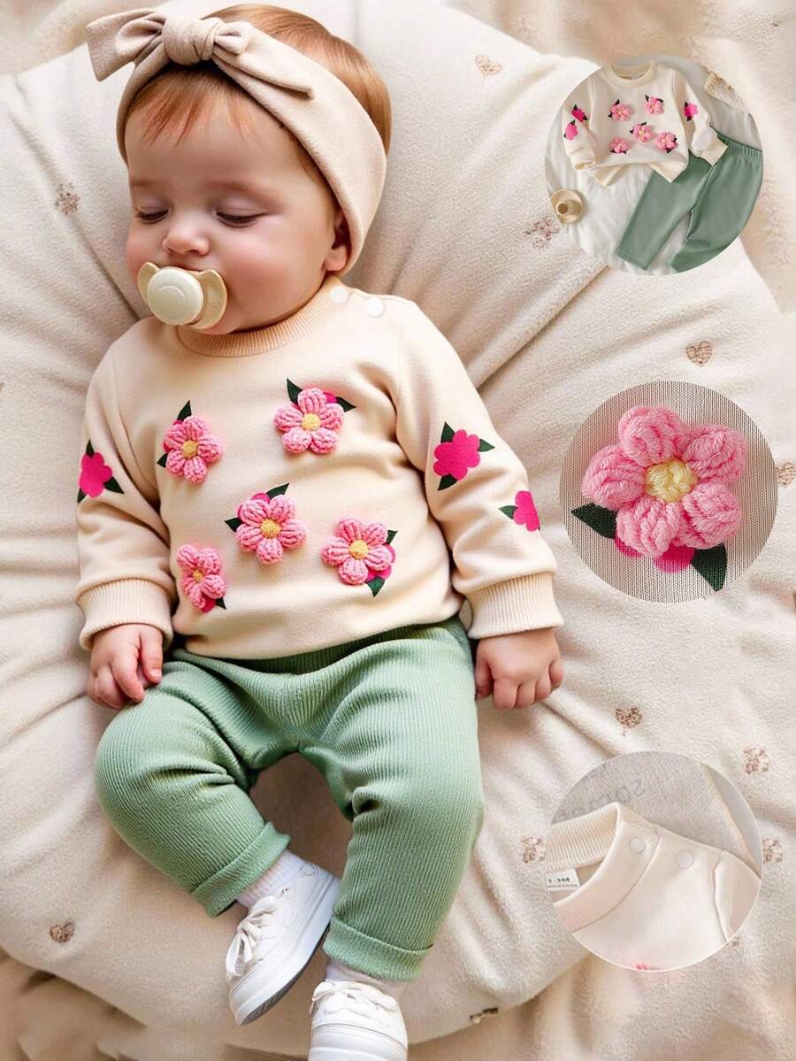 SHEIN 新生女宝宝休闲甜美3D立体花卉卫衣和罗纹裤套装 - 綠色 - 查看 1