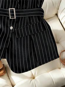 GlowEve Women's Summer Casual/Office Commute Striped Print Peak Collar Buckle Belted Vest - Black and White - View 6