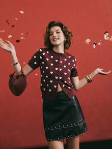 Poéselle Wine Red Heart Print Knit Cardigan - Short Sleeve Button Up Sweater For Cute And Sweet Outfits,Women's Casual Commuting Heart Knitted Short Sleeve Cardigan,Heart,Valentine's Day,Valentines,Red,Burgundy,Party - Coffee Brown - View 2