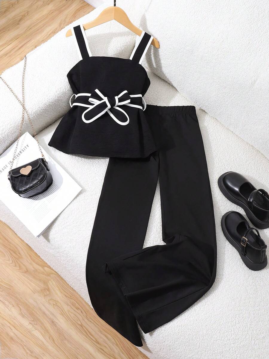SHEIN 2pcs/Set Teen GirlClassic Black & White Elegant Commuter Style Camisole Top + Slim Flare Pants Suit, Black - Black - View 1